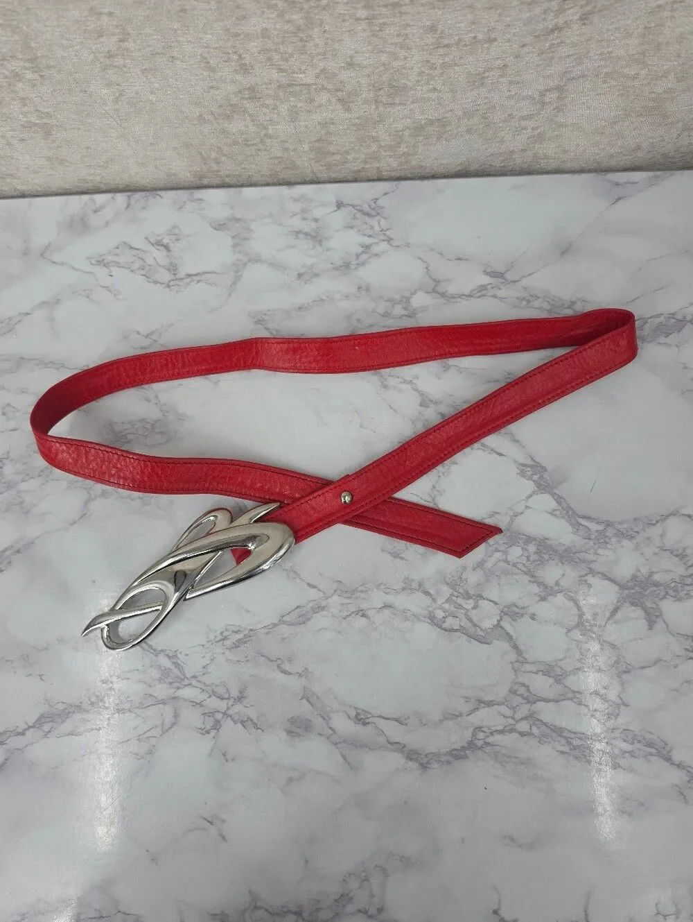 Vintage 80s Red Leather Belt with Silver Tone Etheral Knot Buckle